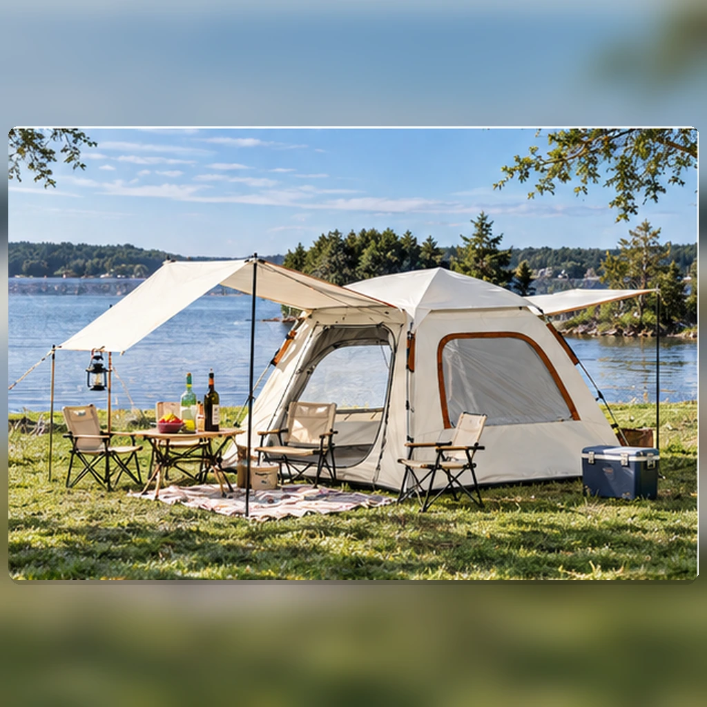 Pop up -teltta katoksella ja UV-suojalla, 3–5 henkilöä