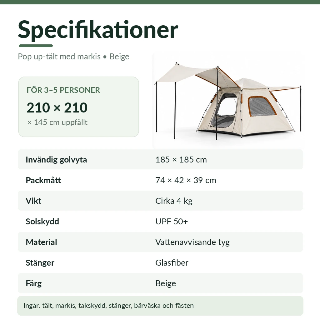 Pop up-tält för 3–5 personer med markis och UV-skydd
