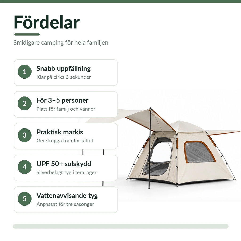 Pop up-tält för 3–5 personer med markis och UV-skydd