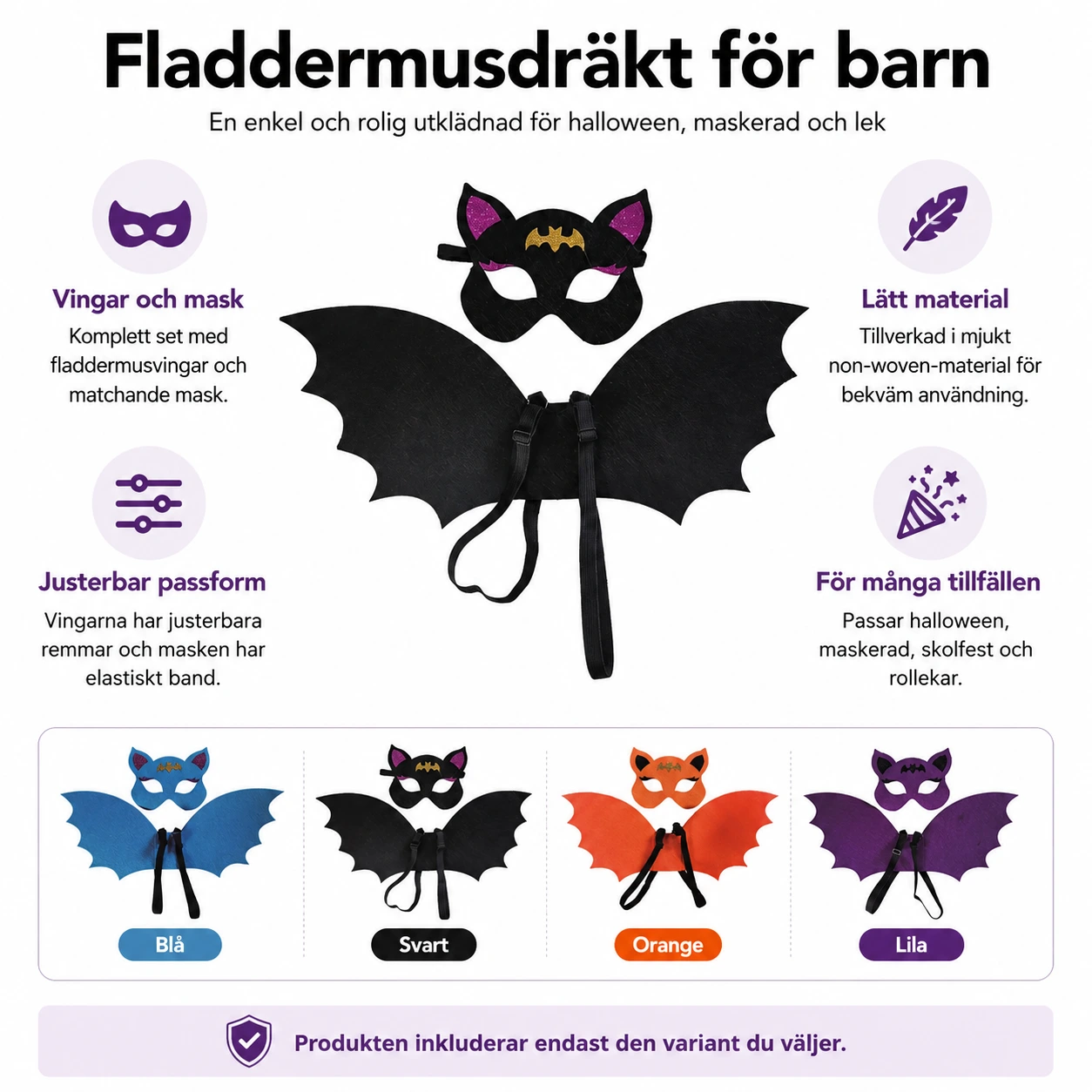 Fladdermusdräkt för barn med vingar och mask