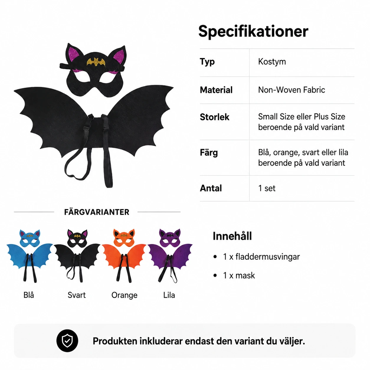 Fladdermusdräkt för barn med vingar och mask