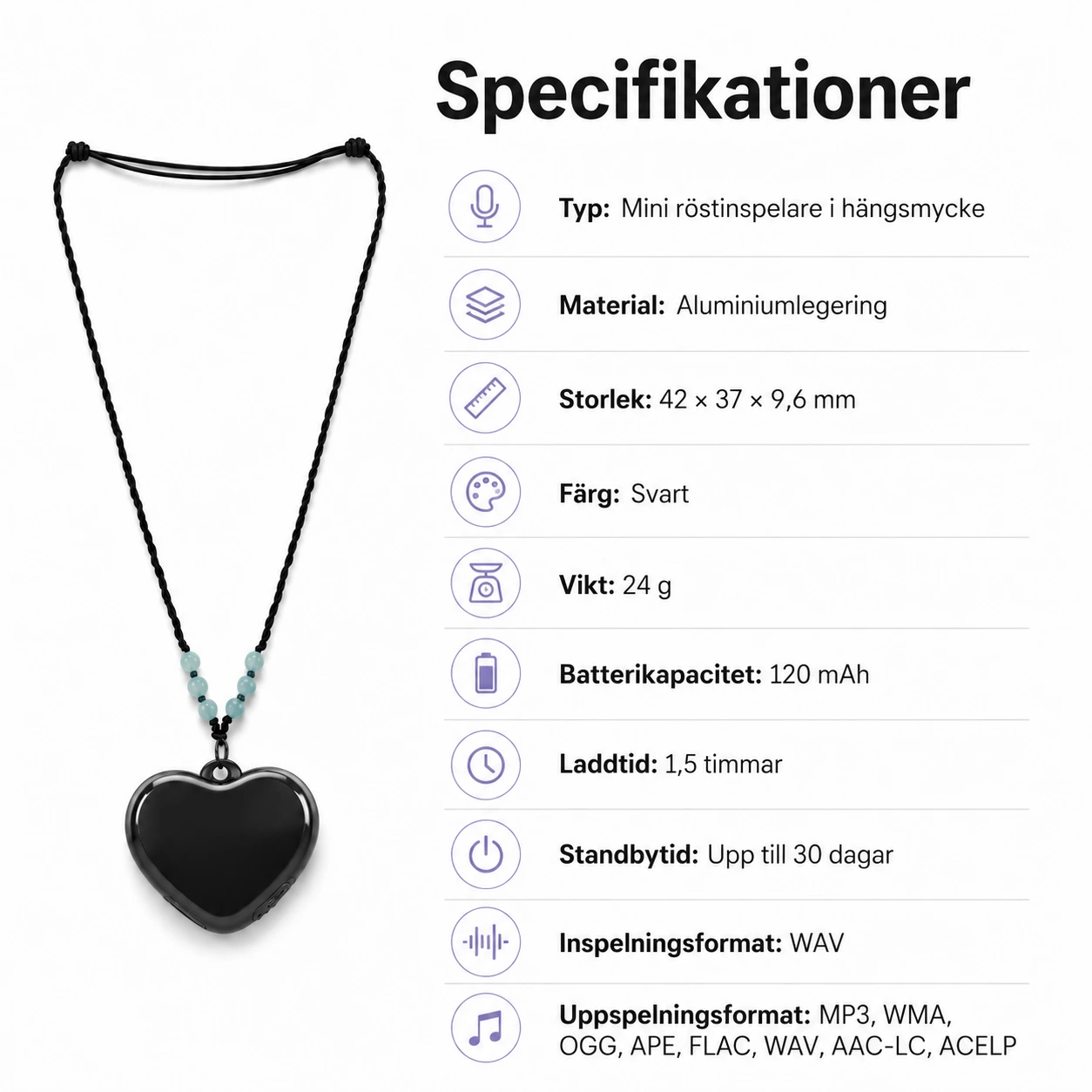 Röstinspelare Hjärthalsband med Röstaktivering och Tidsinspelning