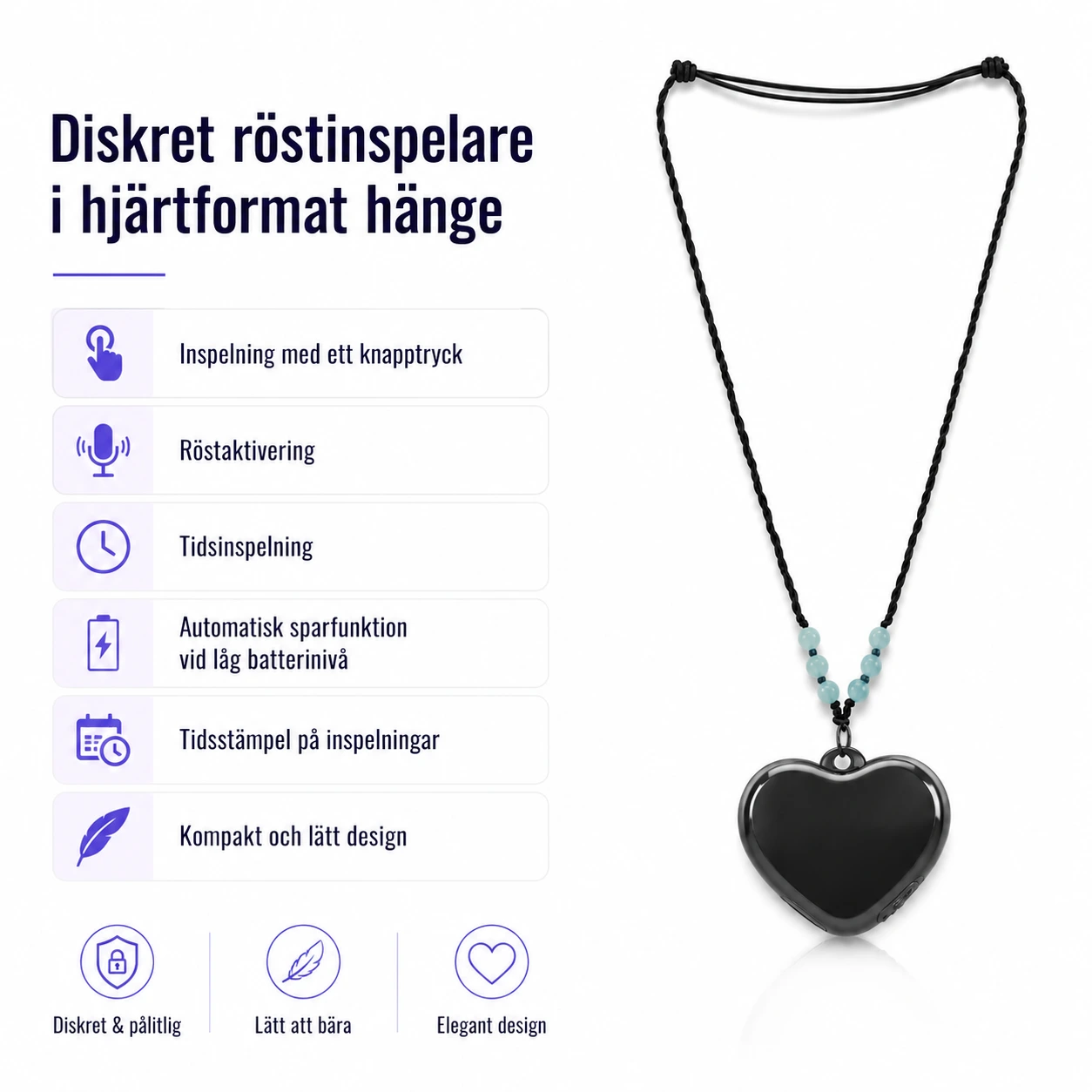 Röstinspelare Hjärthalsband med Röstaktivering och Tidsinspelning