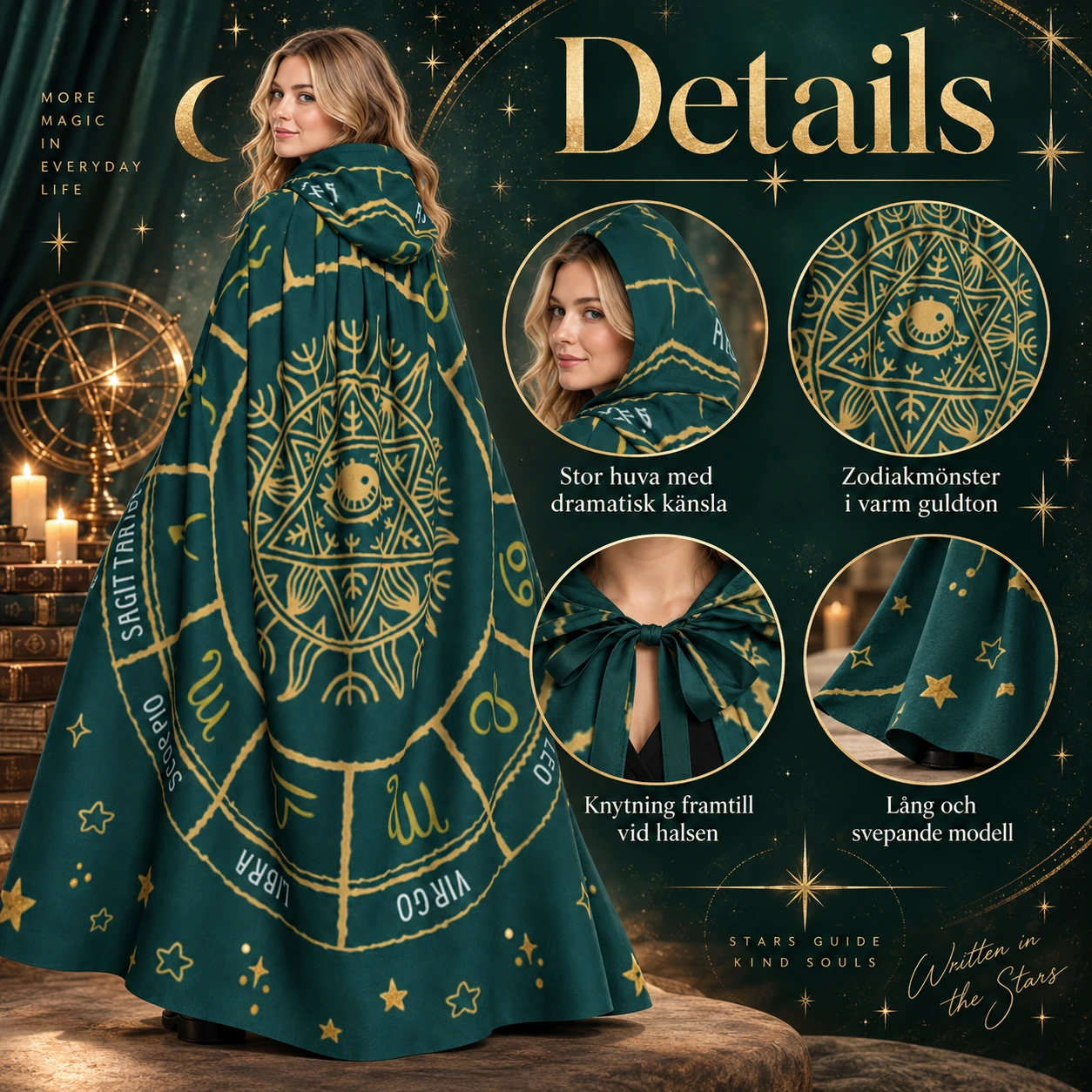 Mörkgrön Zodiakmantel med Luva och Stjärnteckensmönster