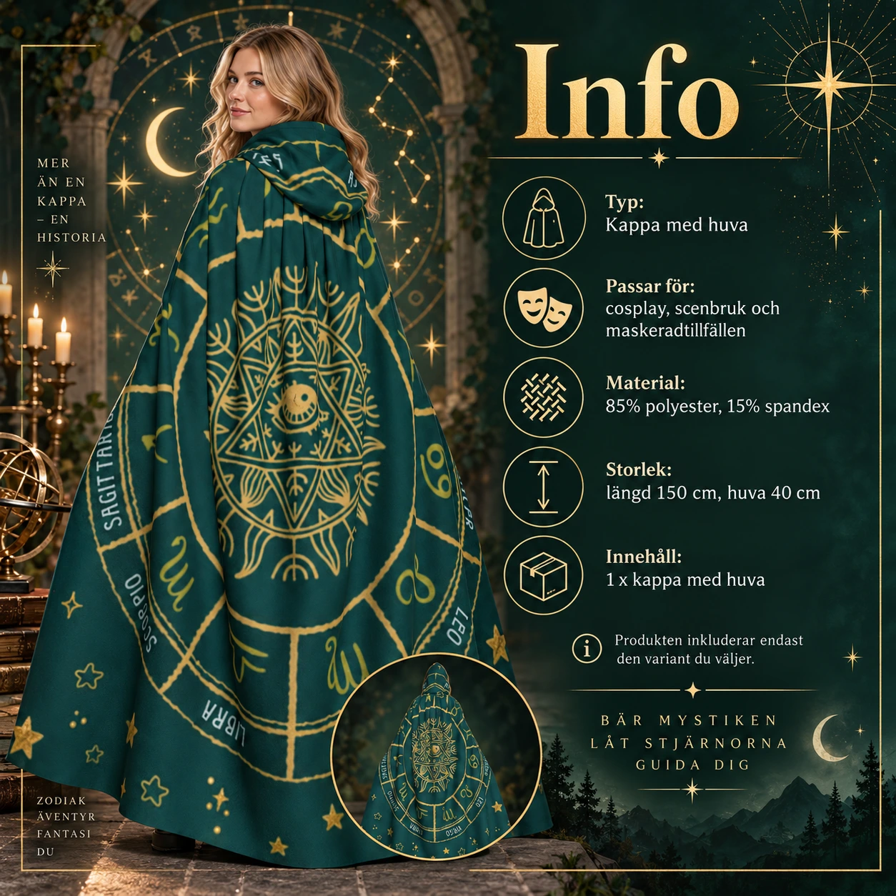 Mörkgrön Zodiakmantel med Luva och Stjärnteckensmönster