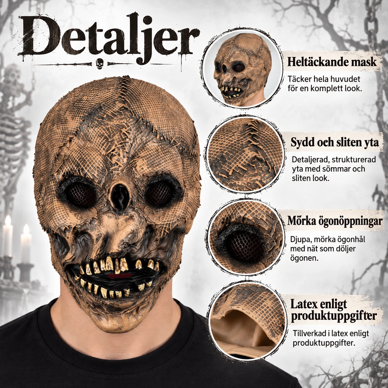 Heldekkende skjelettmaske i lateks