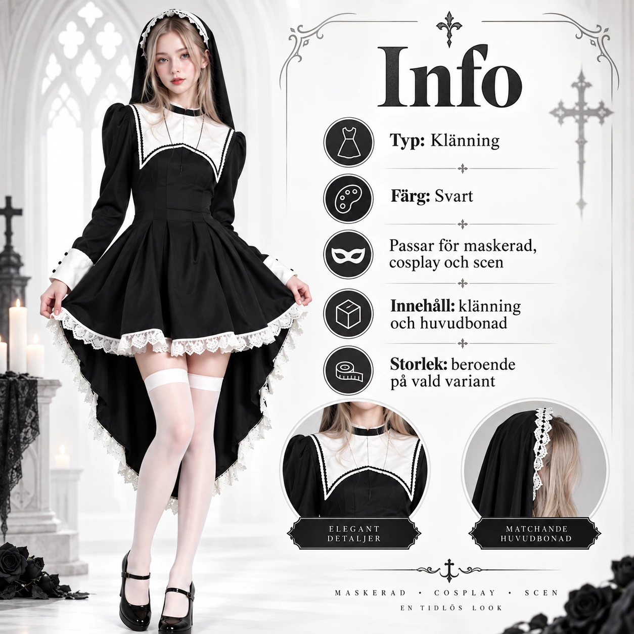 Gotisk Nunna Cosplay Klänning Set för Damer