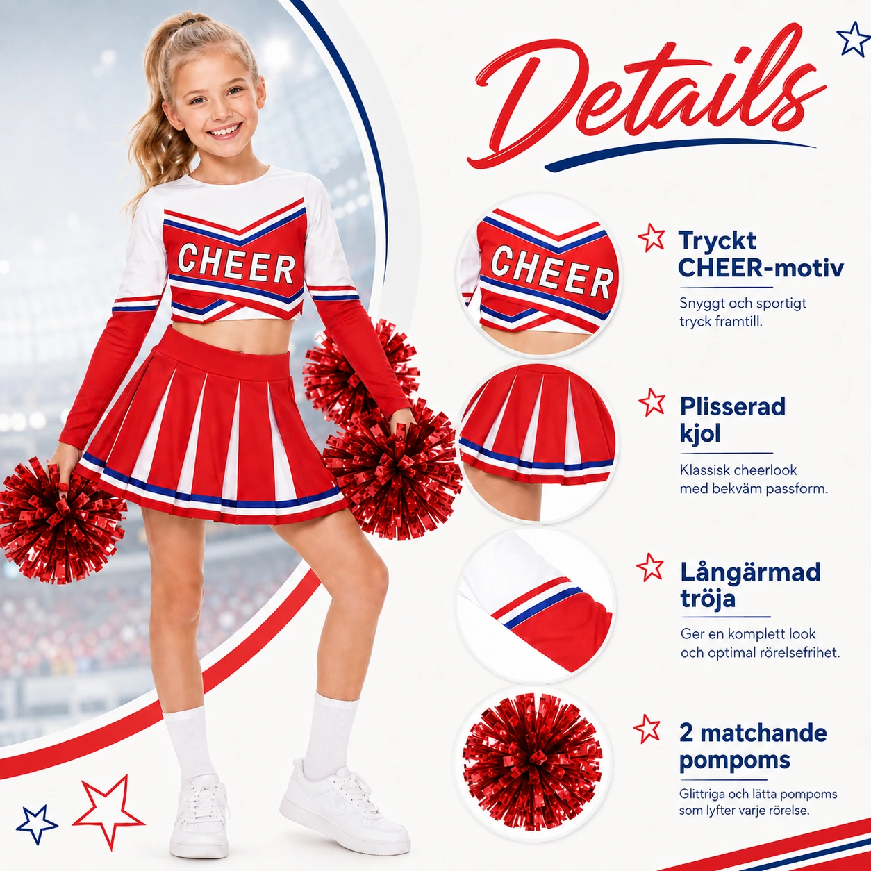 Cheerleaderdräkt för barn med kjol och pompoms