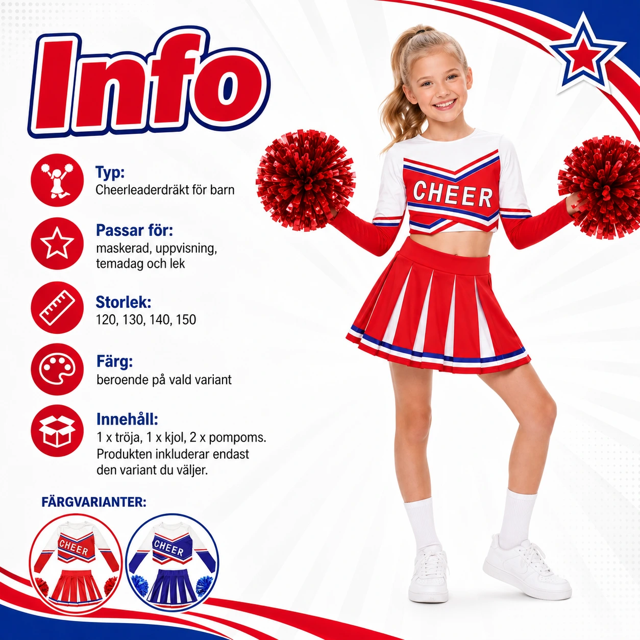 Cheerleaderdräkt för barn med kjol och pompoms