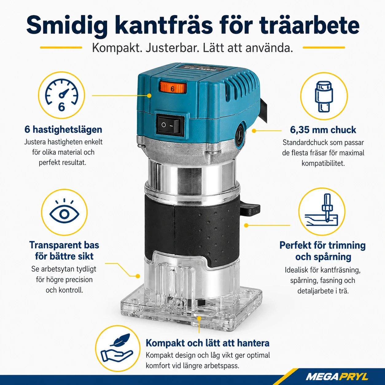 Reunajyrsin puulle säädettävällä nopeudella ja 6,35 mm istukalla