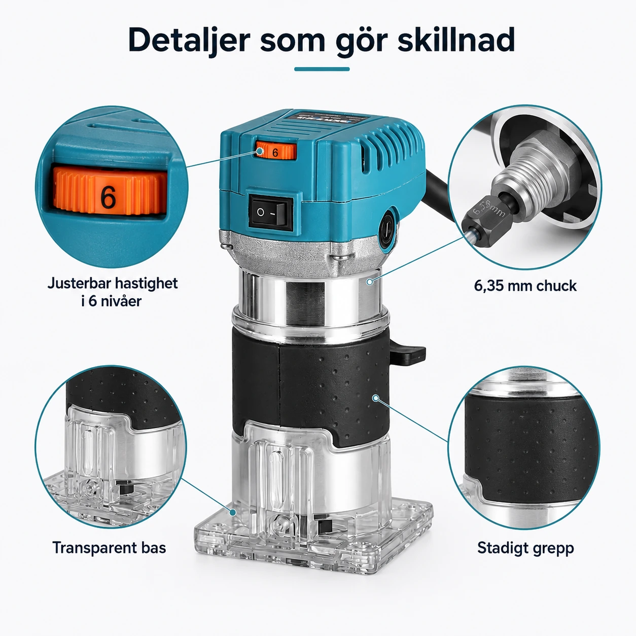 Reunajyrsin puulle säädettävällä nopeudella ja 6,35 mm istukalla