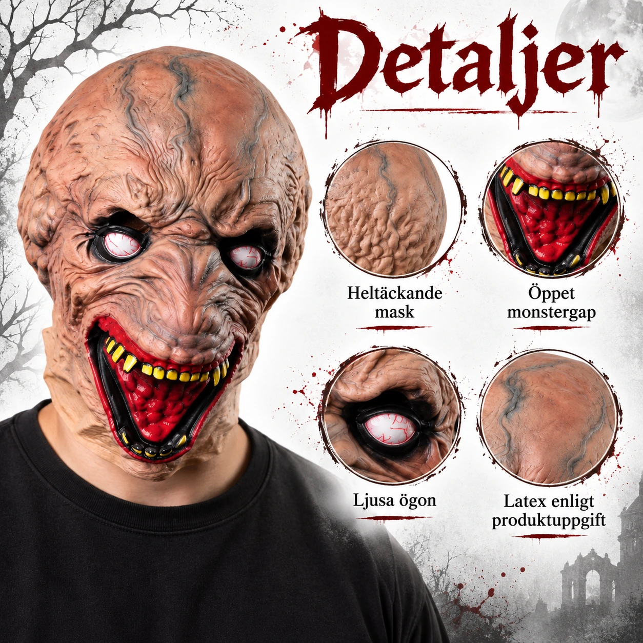 Heldekkende zombiemonstermaske i lateks