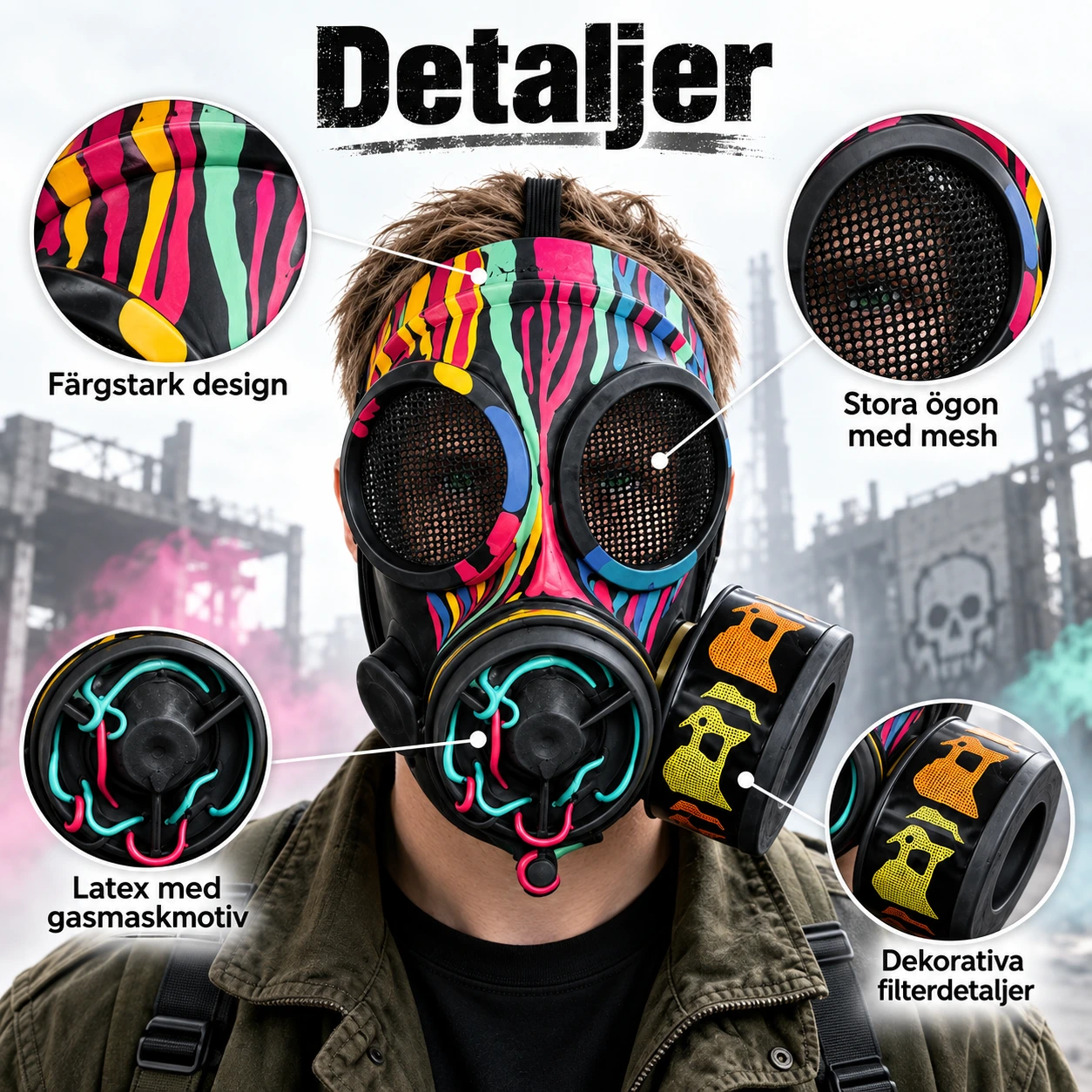 Maske med gassmaskemotiv i lateks for cosplay og maskerade