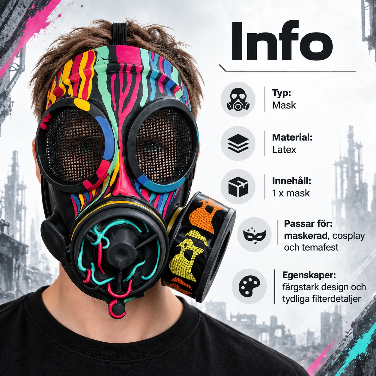 Maske med gassmaskemotiv i lateks for cosplay og maskerade