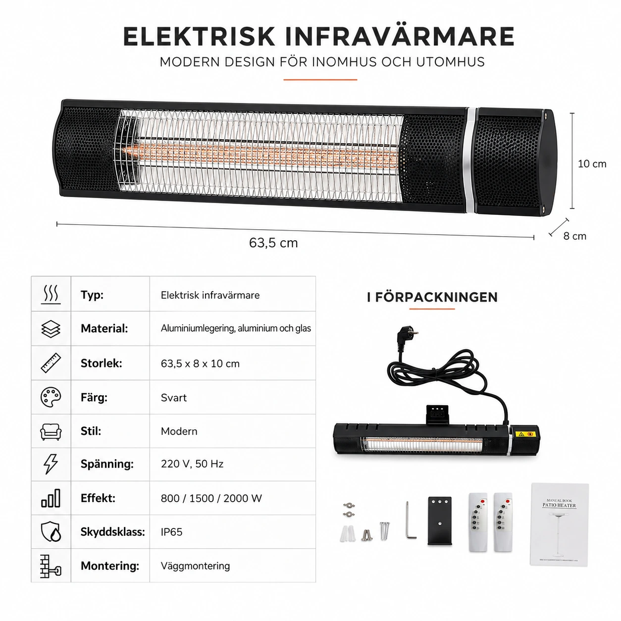 Infravärmare för uteplats och väggmontering med fjärrkontroll