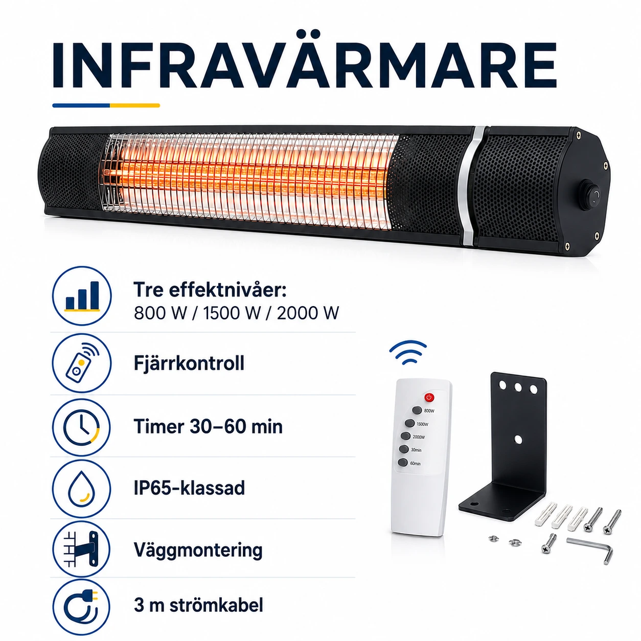 Infravärmare för uteplats och väggmontering med fjärrkontroll