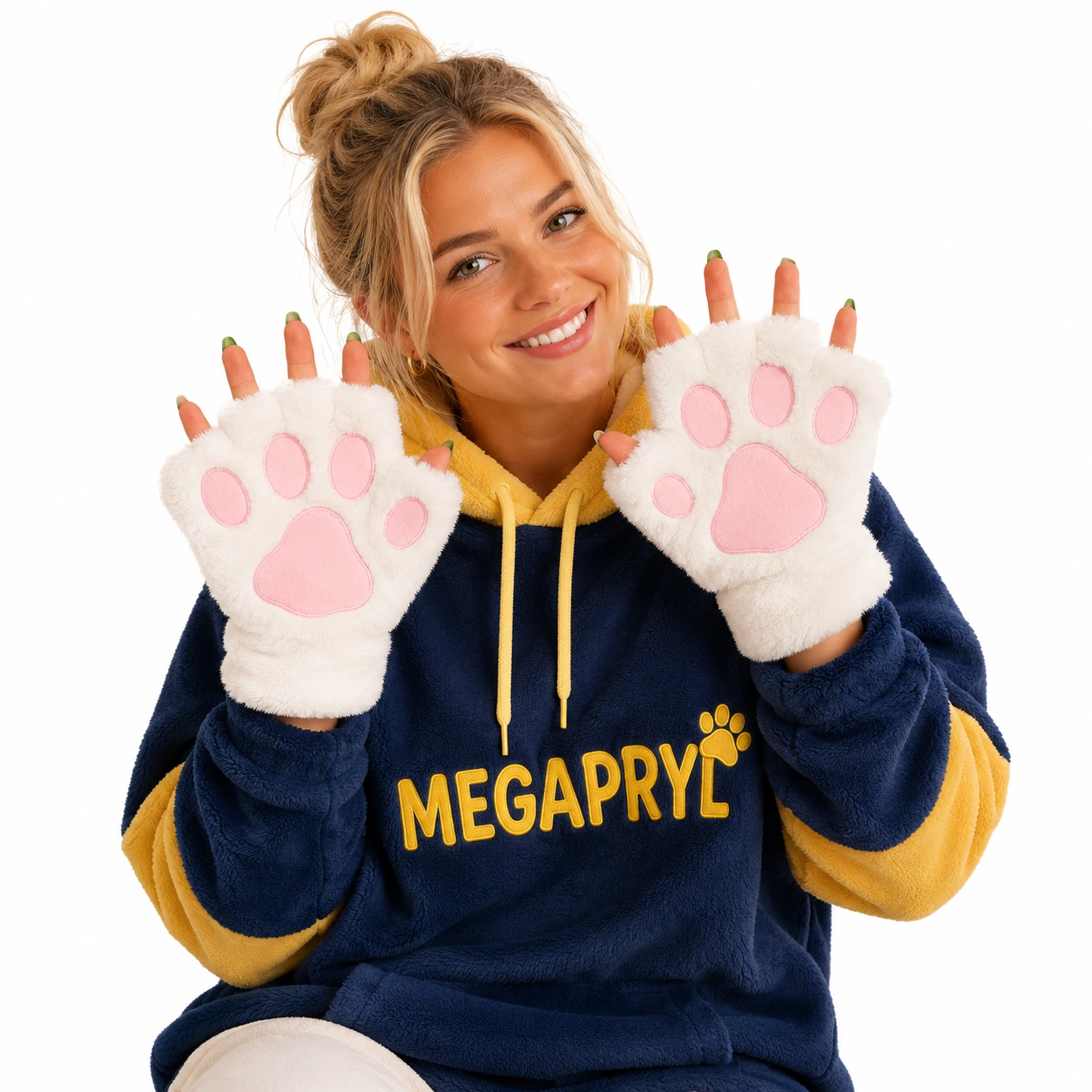 Kattass Handskar – Fluffiga Fingerlösa Vantar med Tassdesign