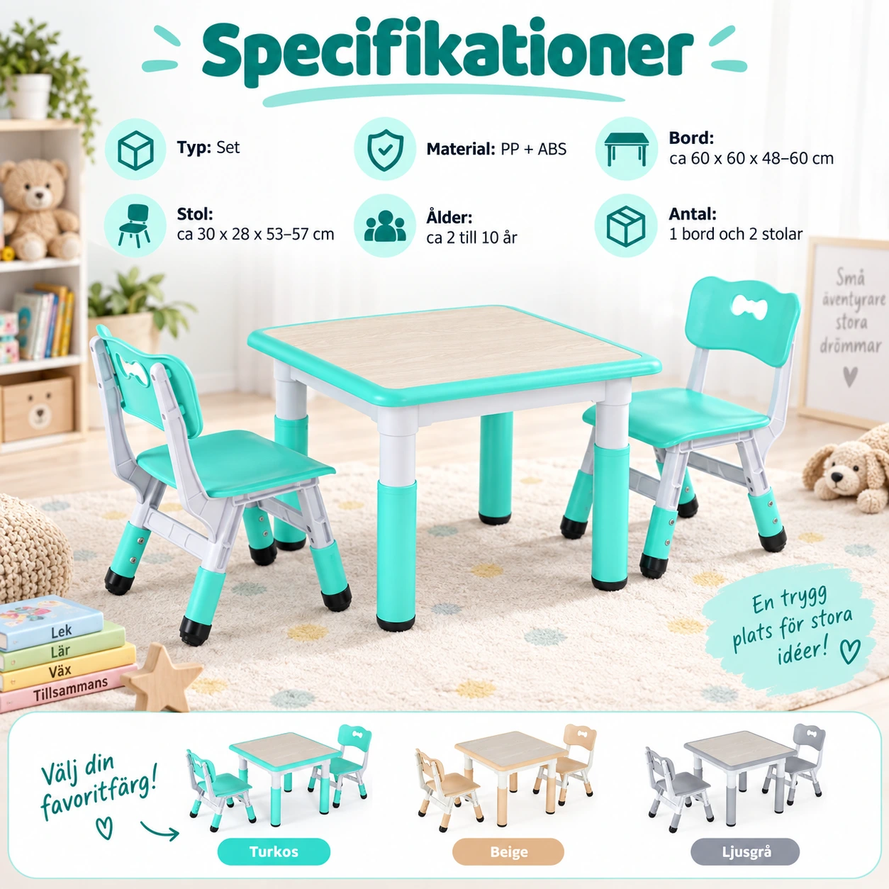 Barnbord med 2 stolar, höj- och sänkbart