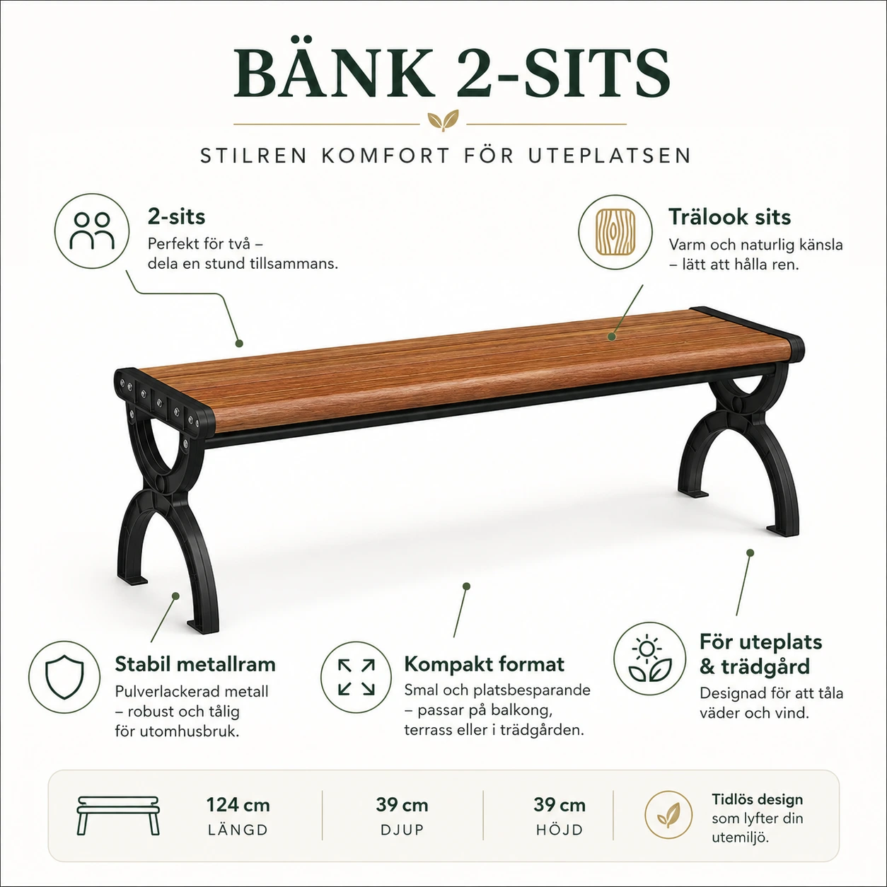 Trädgårdsbänk 2-Sits i Trälook med Metallram – 124 cm