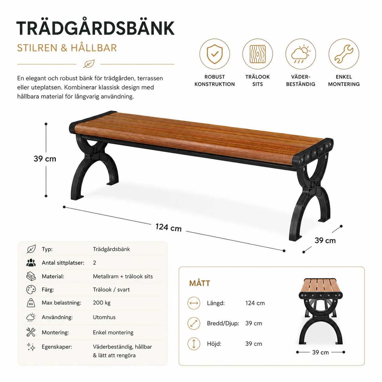 Trädgårdsbänk 2-Sits i Trälook med Metallram – 124 cm
