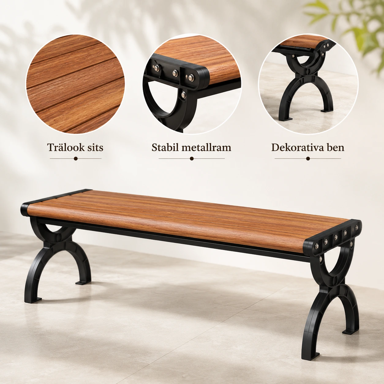 Trädgårdsbänk 2-Sits i Trälook med Metallram – 124 cm