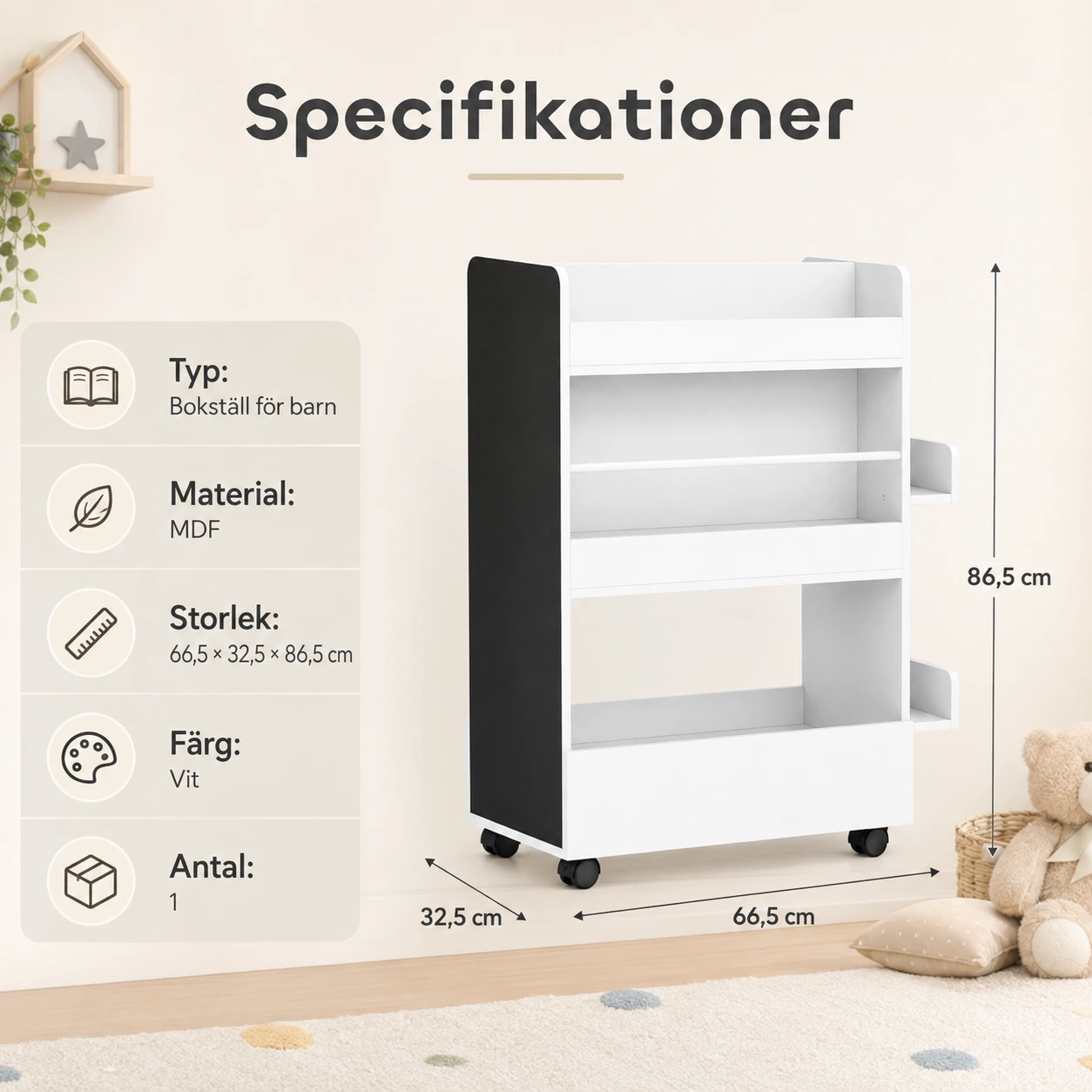 Rullbart bokställ för barn med griffeltavla och förvaring