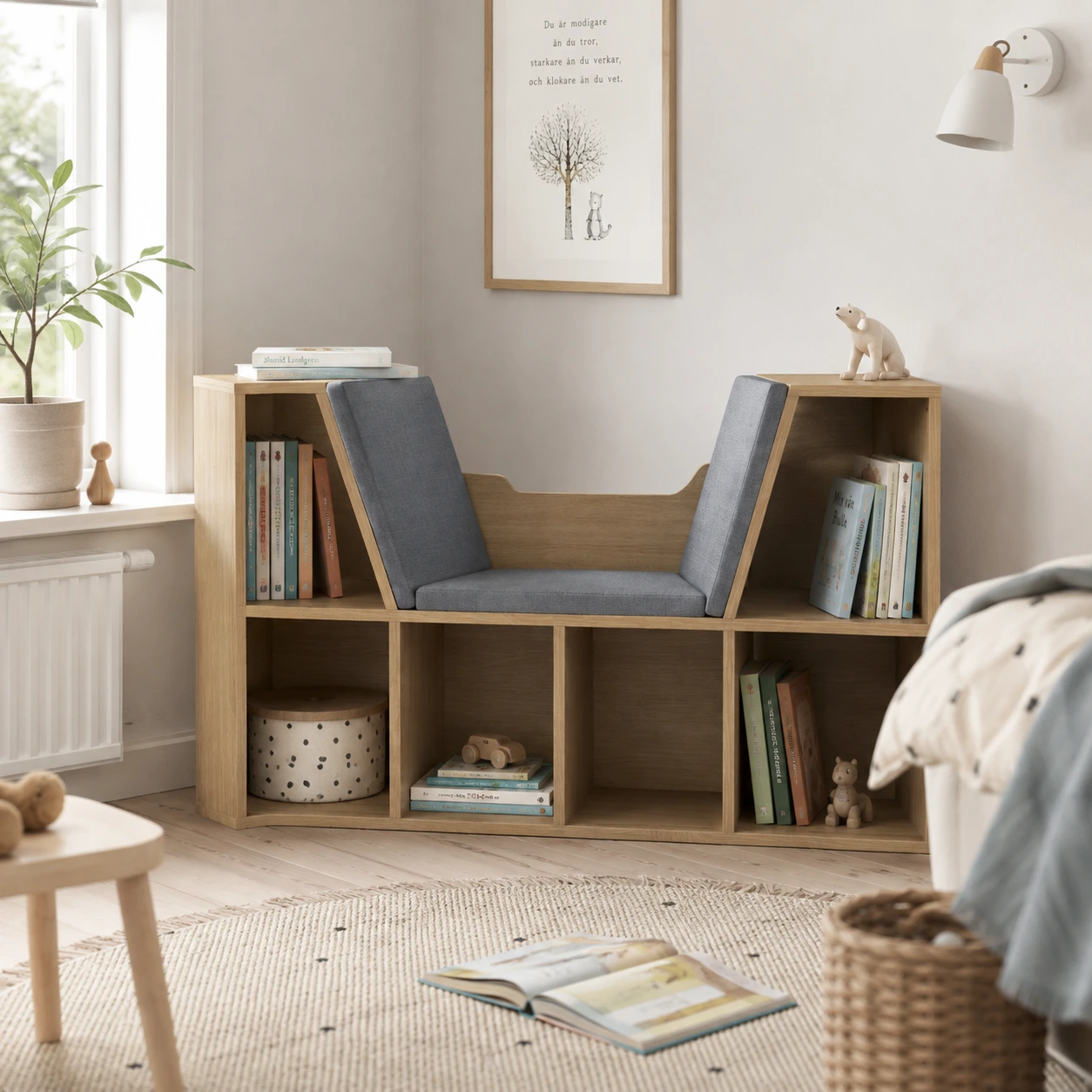 Bokhylla med sittplats och 6 förvaringsfack