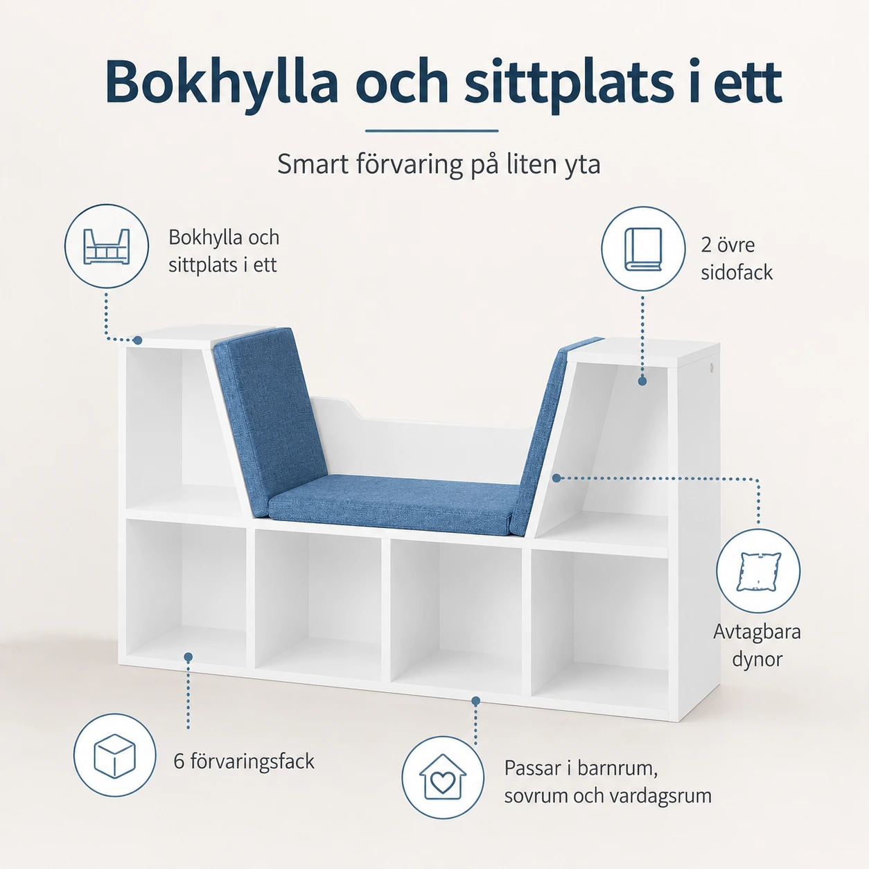 Bokhylla med sittplats och 6 förvaringsfack