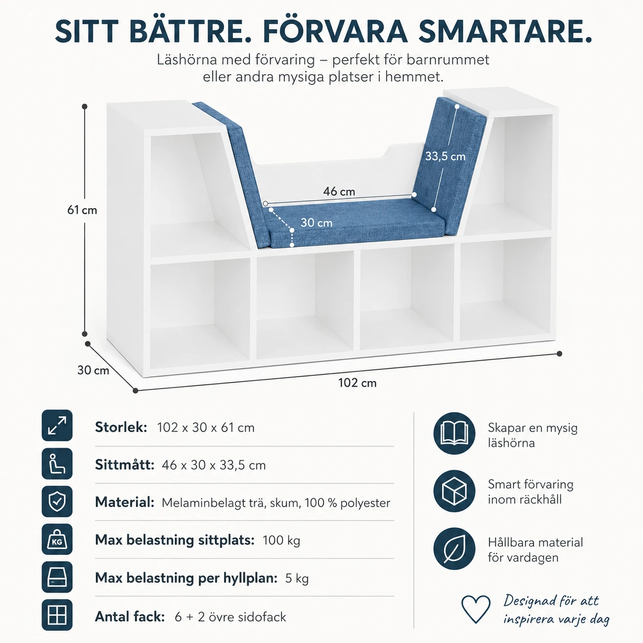 Bokhylla med sittplats och 6 förvaringsfack
