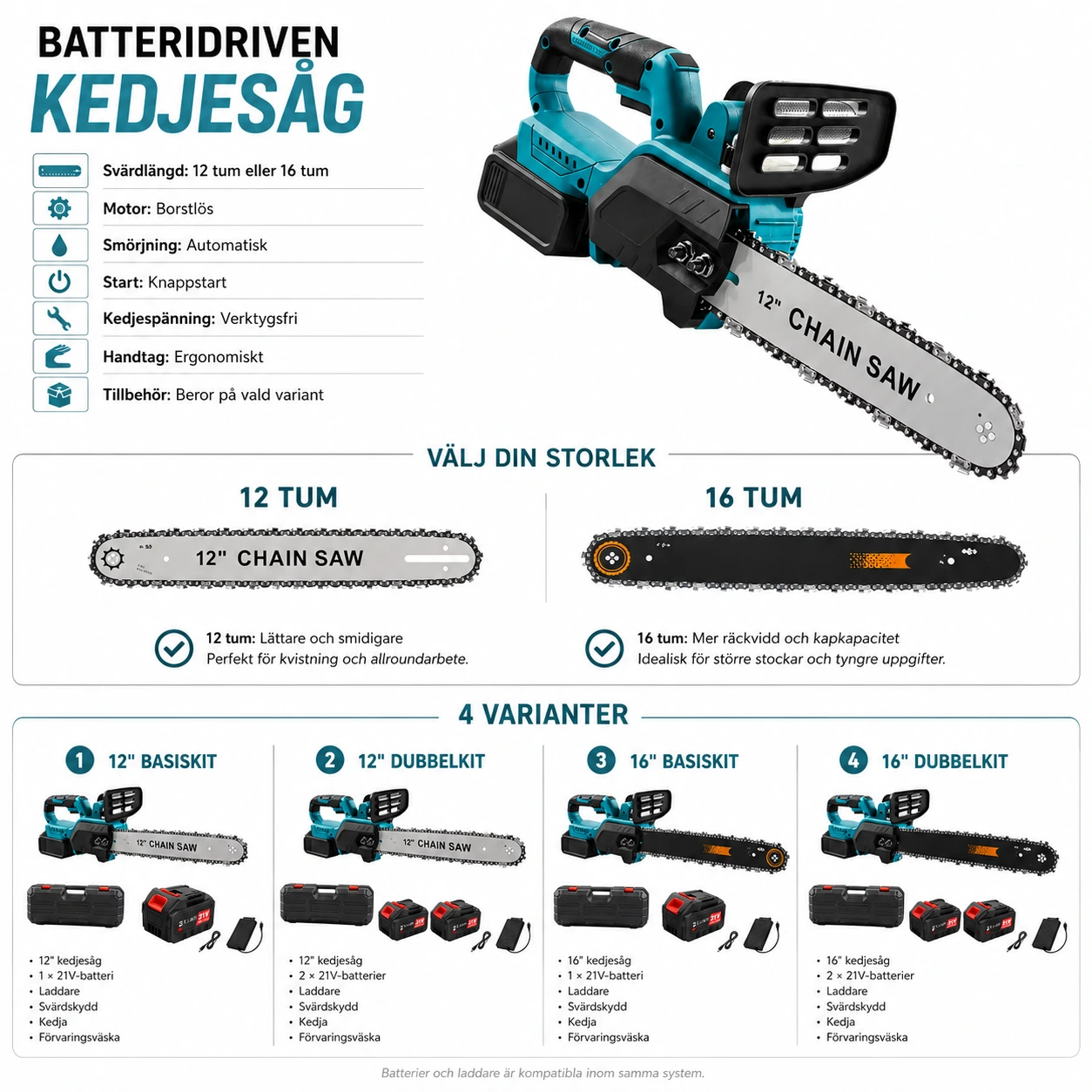 Batteridriven motorsåg 12/16 tum – borstlös