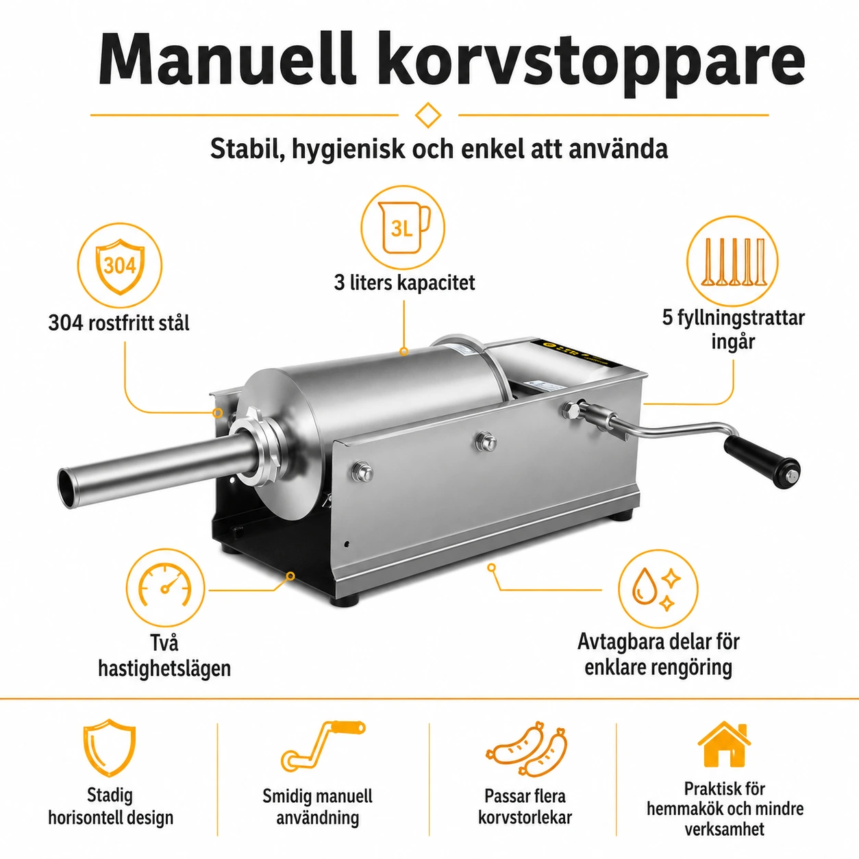 Makkarantäyttäjä vaakamallinen 3 l ruostumatonta terästä, mukana 5 suppiloa