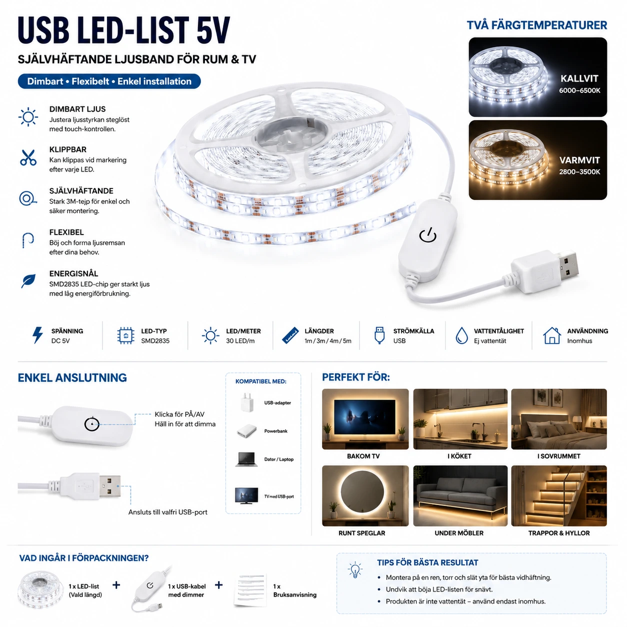 LED-list USB 5V – Självhäftande Ljusband för Rum & TV