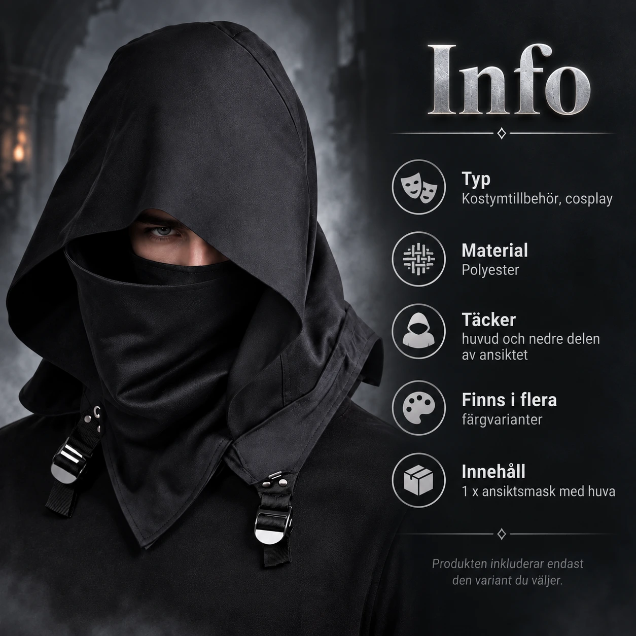 Ansiktsmask unisex med huva i polyester