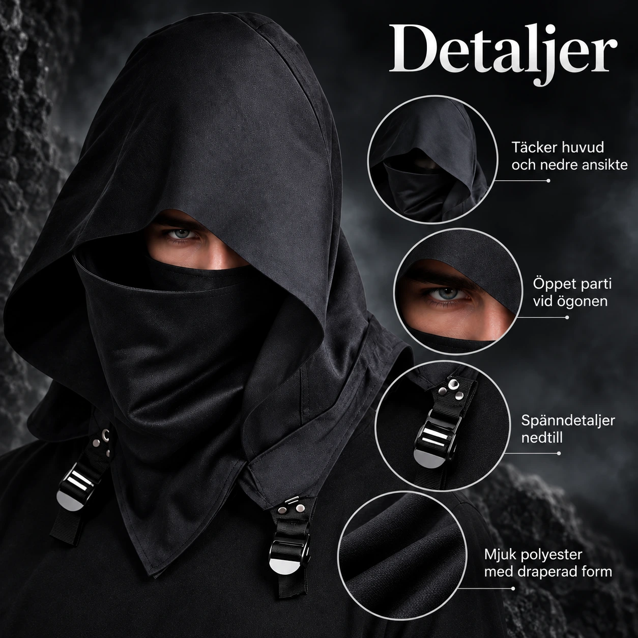 Ansiktsmask unisex med huva i polyester