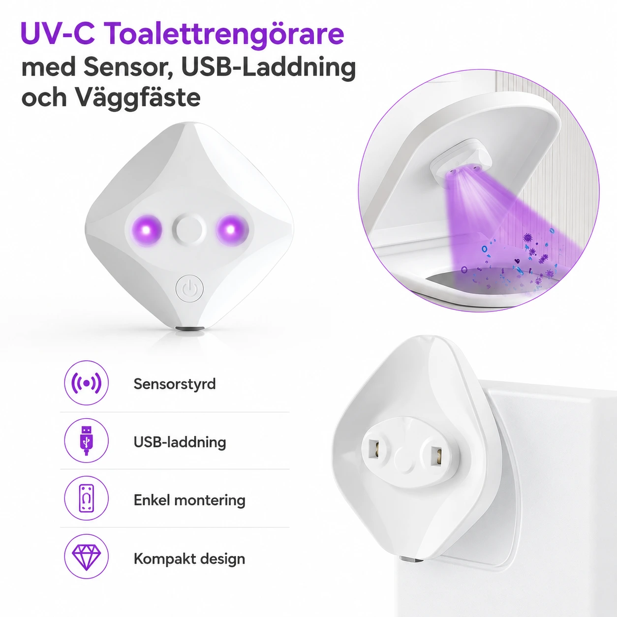 UV-C Toalettrengörare med Sensor och Väggfäste