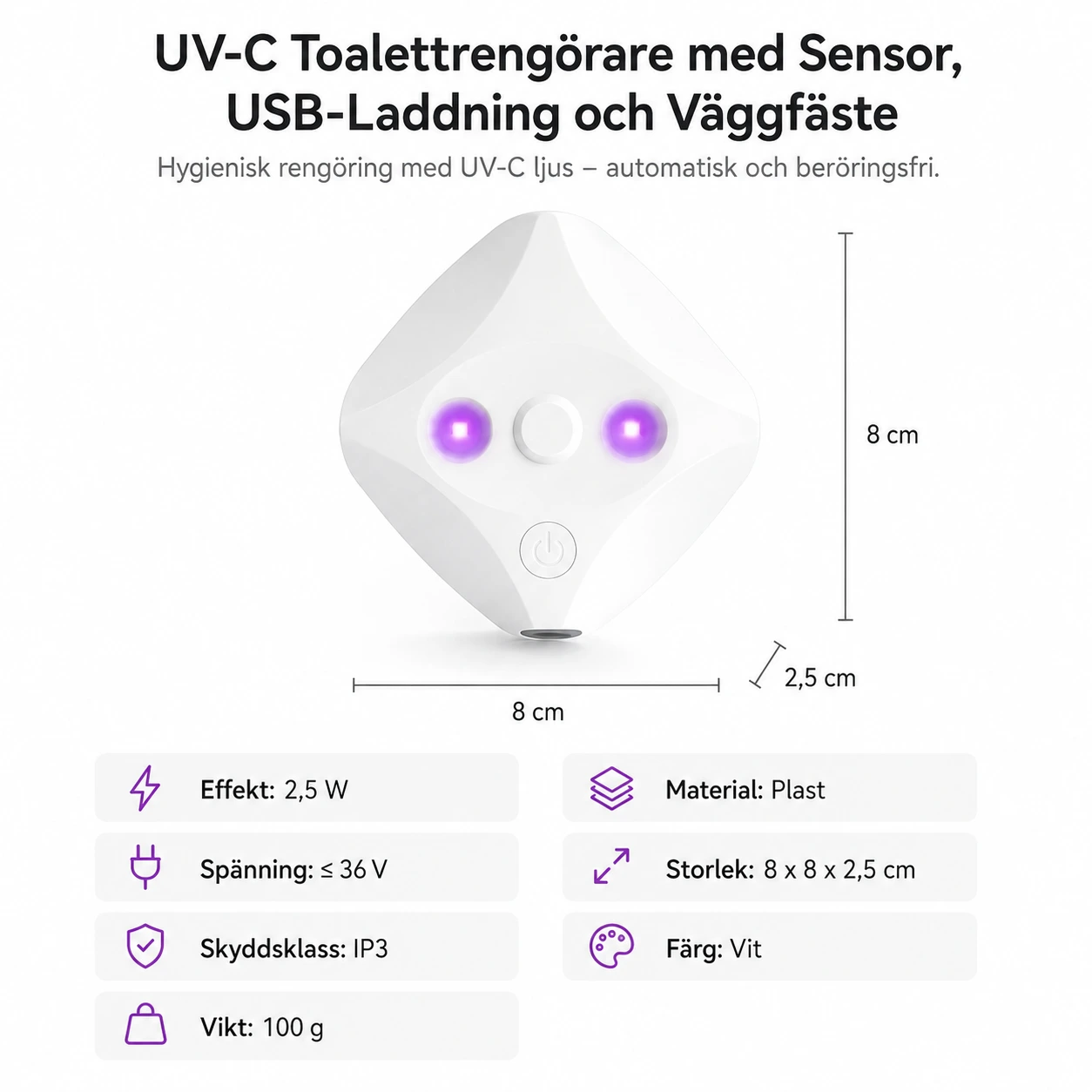 UV-C Toalettrengörare med Sensor och Väggfäste