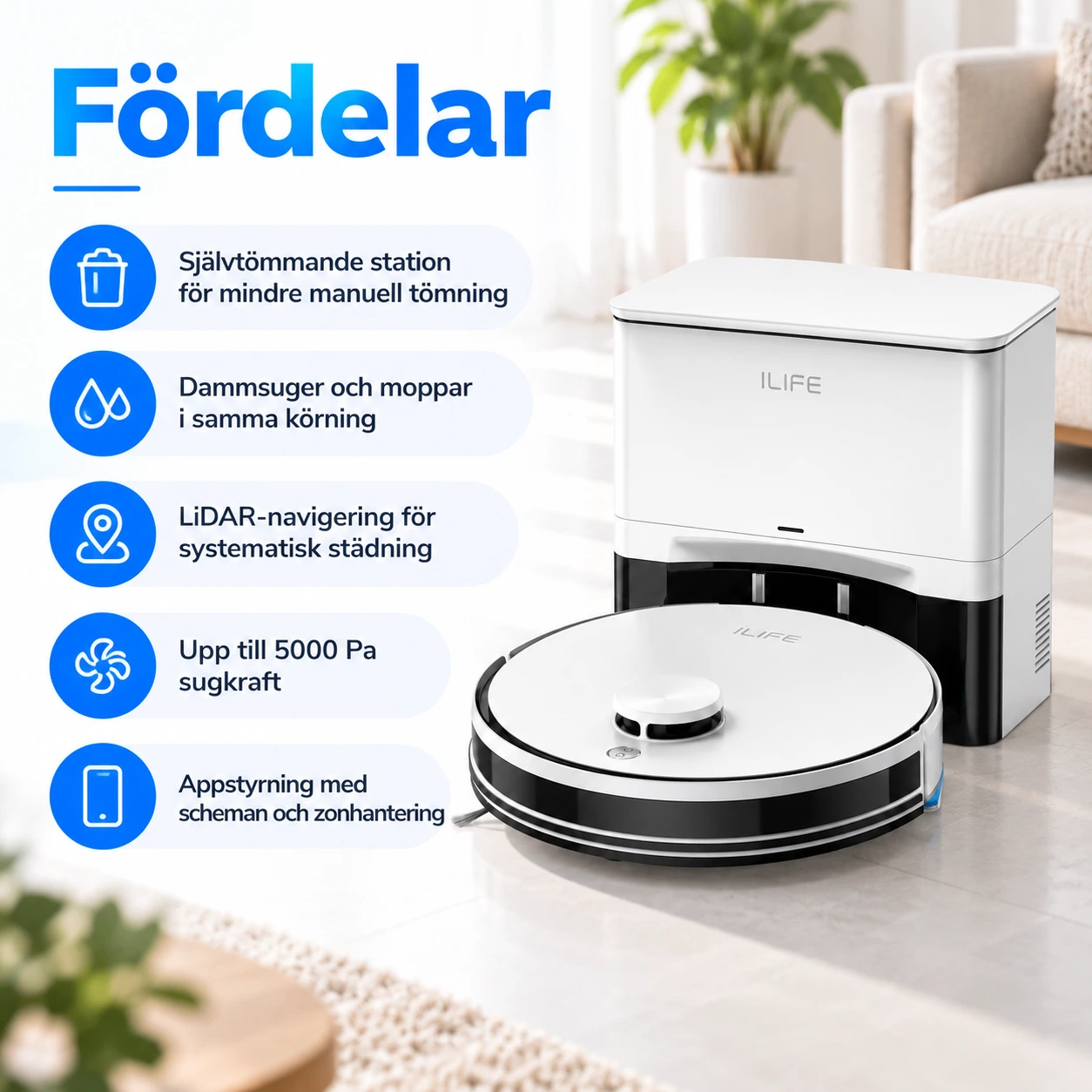 Robotdammsugare med självtömmande station och moppfunktion