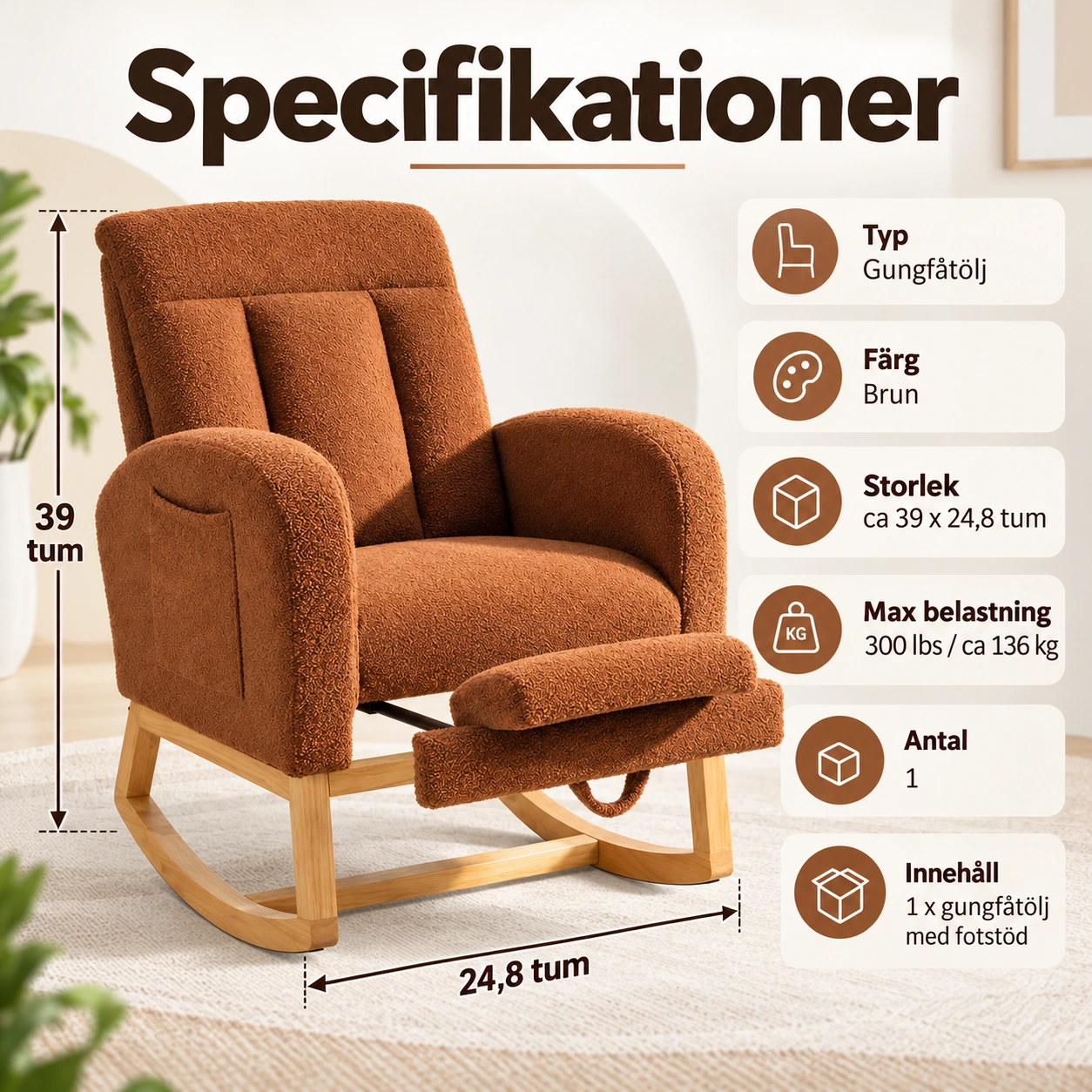 Gungfåtölj med fotstöd och sidoficka