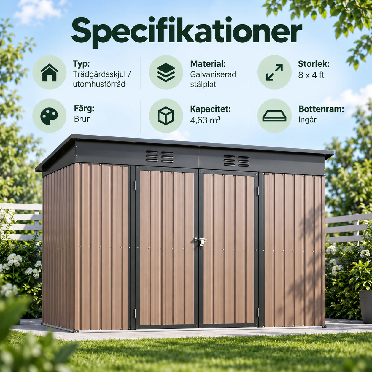 Trädgårdsskjul i metall för utomhusbruk med ventilationsöppningar