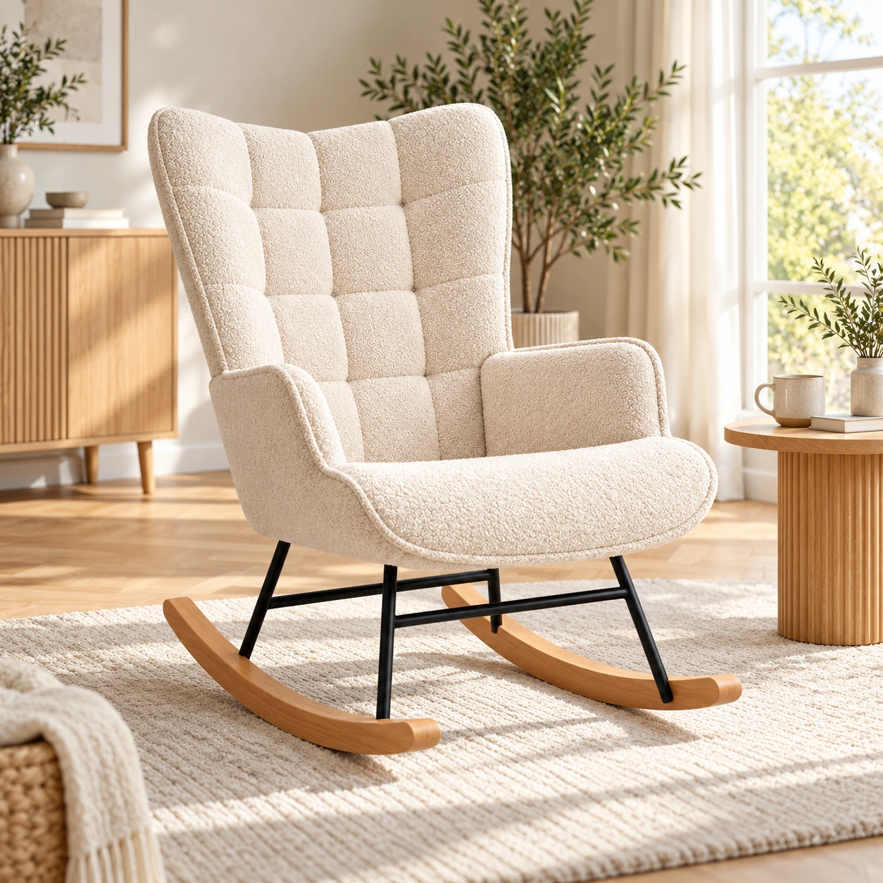Gungstol med hög rygg och armstöd, beige