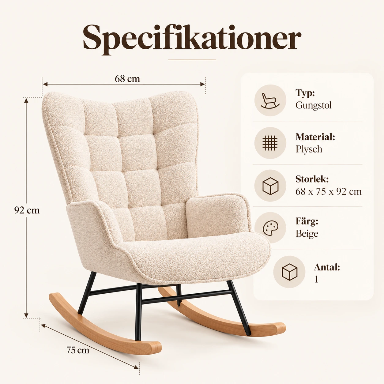 Gungstol med hög rygg och armstöd, beige