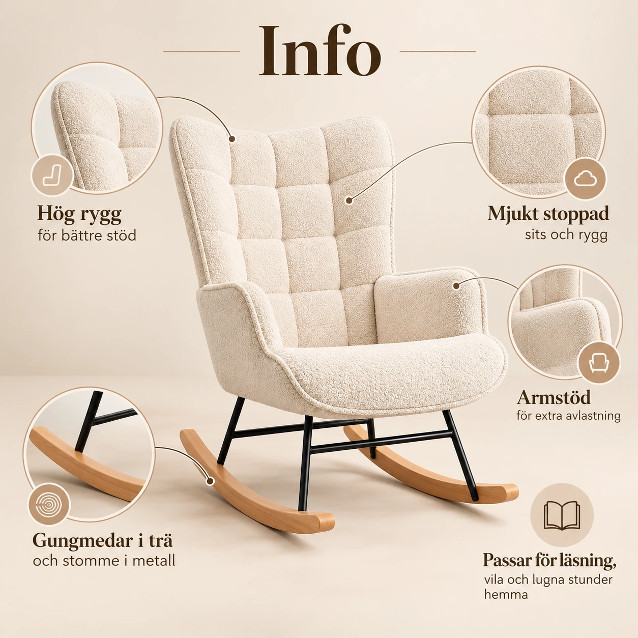 Gungstol med hög rygg och armstöd, beige