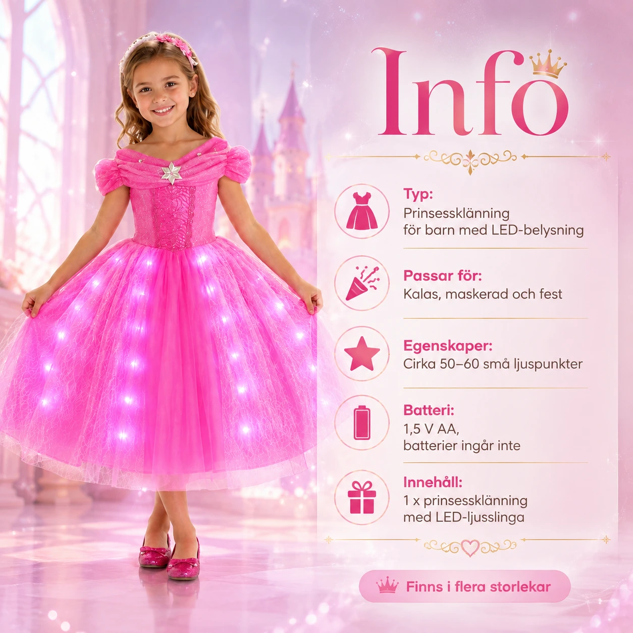 Prinsessklänning för barn med LED-belysning