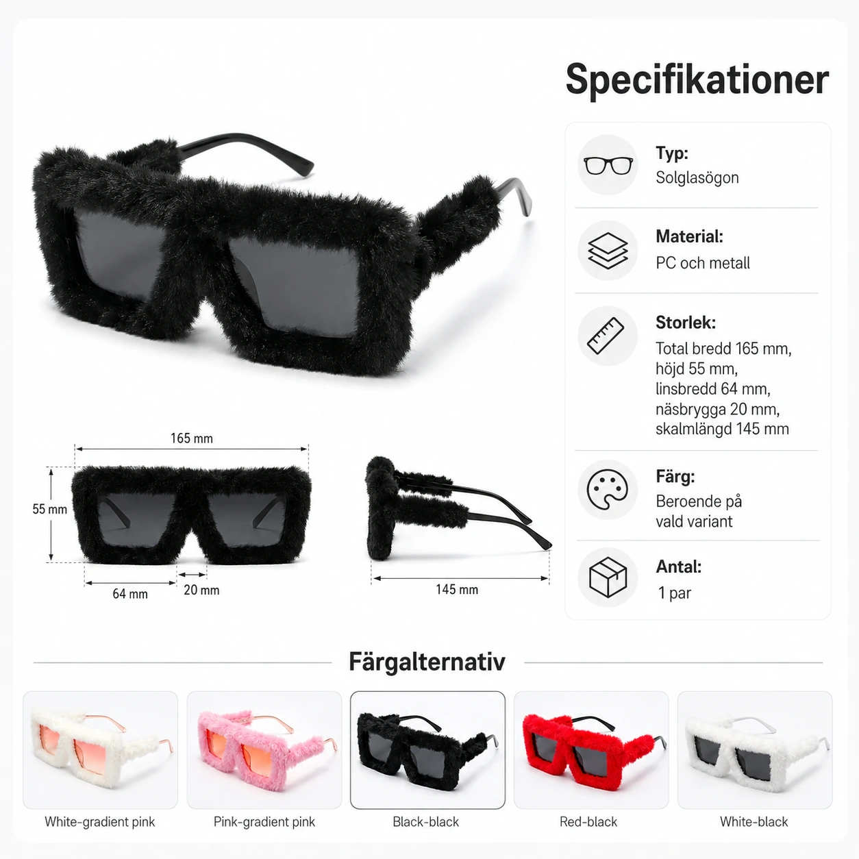 Fluffiga oversized solglasögon i fyrkantig modell