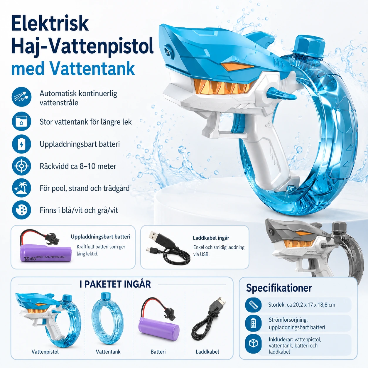 Elektrisk Haj-Vattenpistol med Vattentank