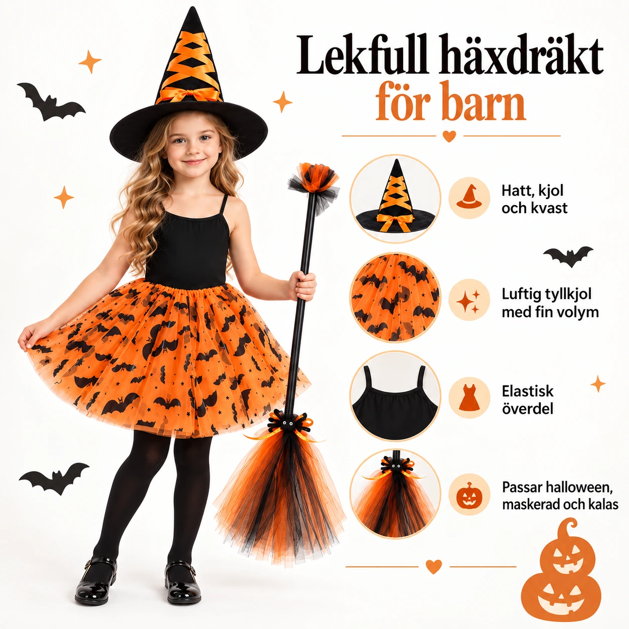 Häxdräkt barn med tyllkjol, hatt och kvast
