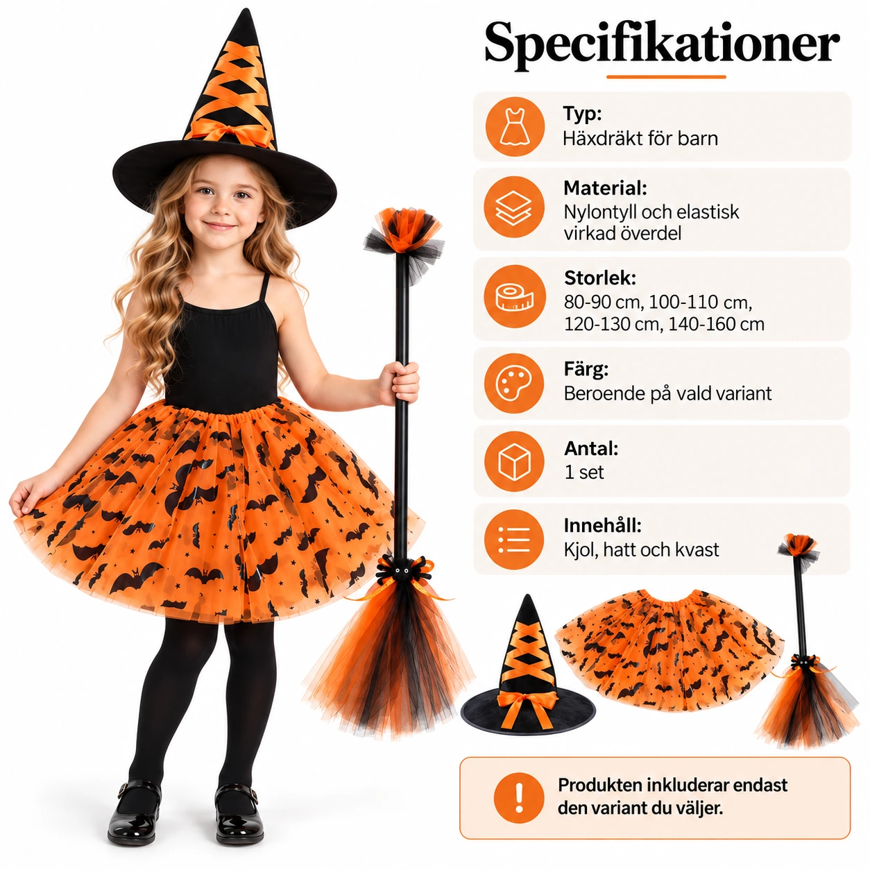 Häxdräkt barn med tyllkjol, hatt och kvast