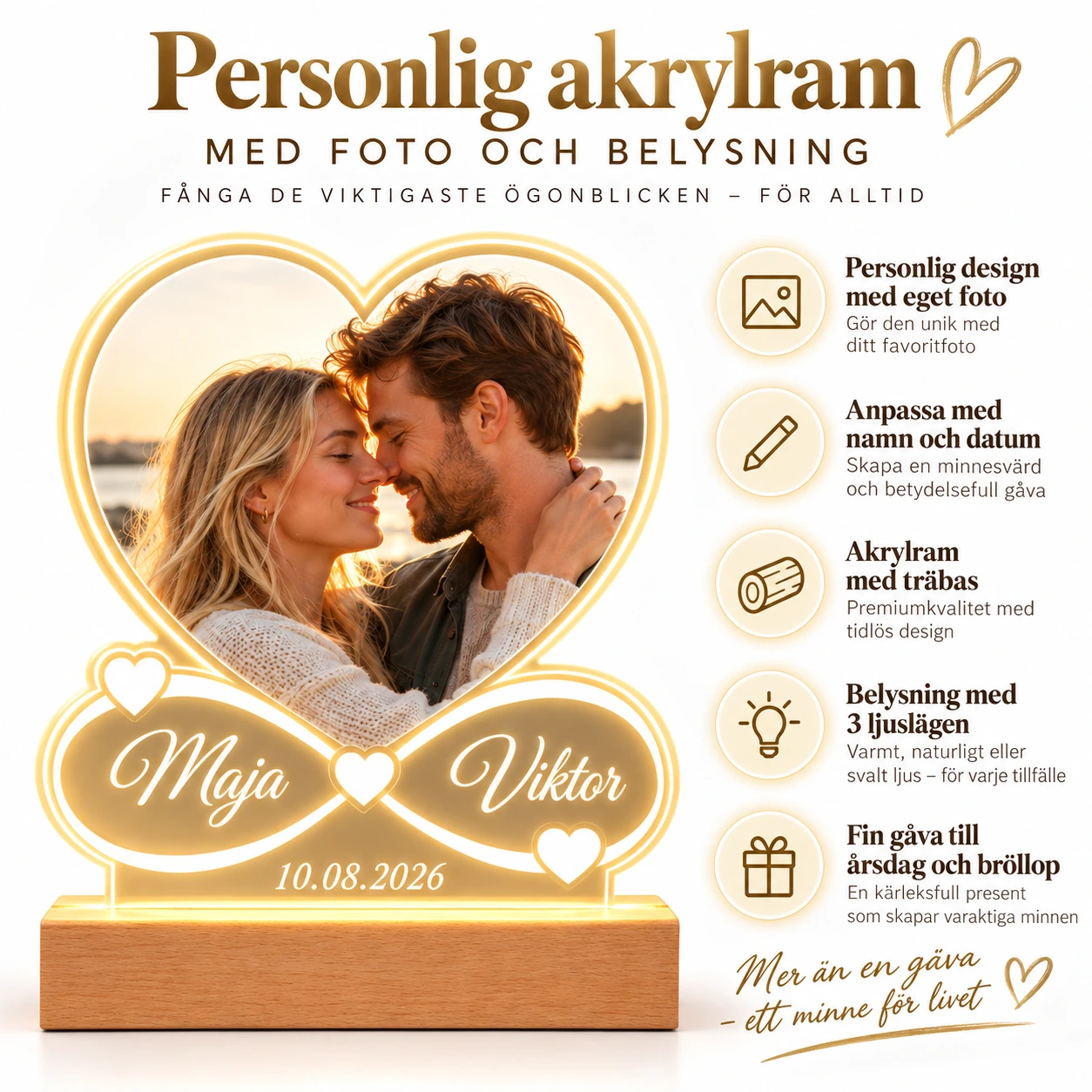 Personlig akrylramme med bilde og belysning