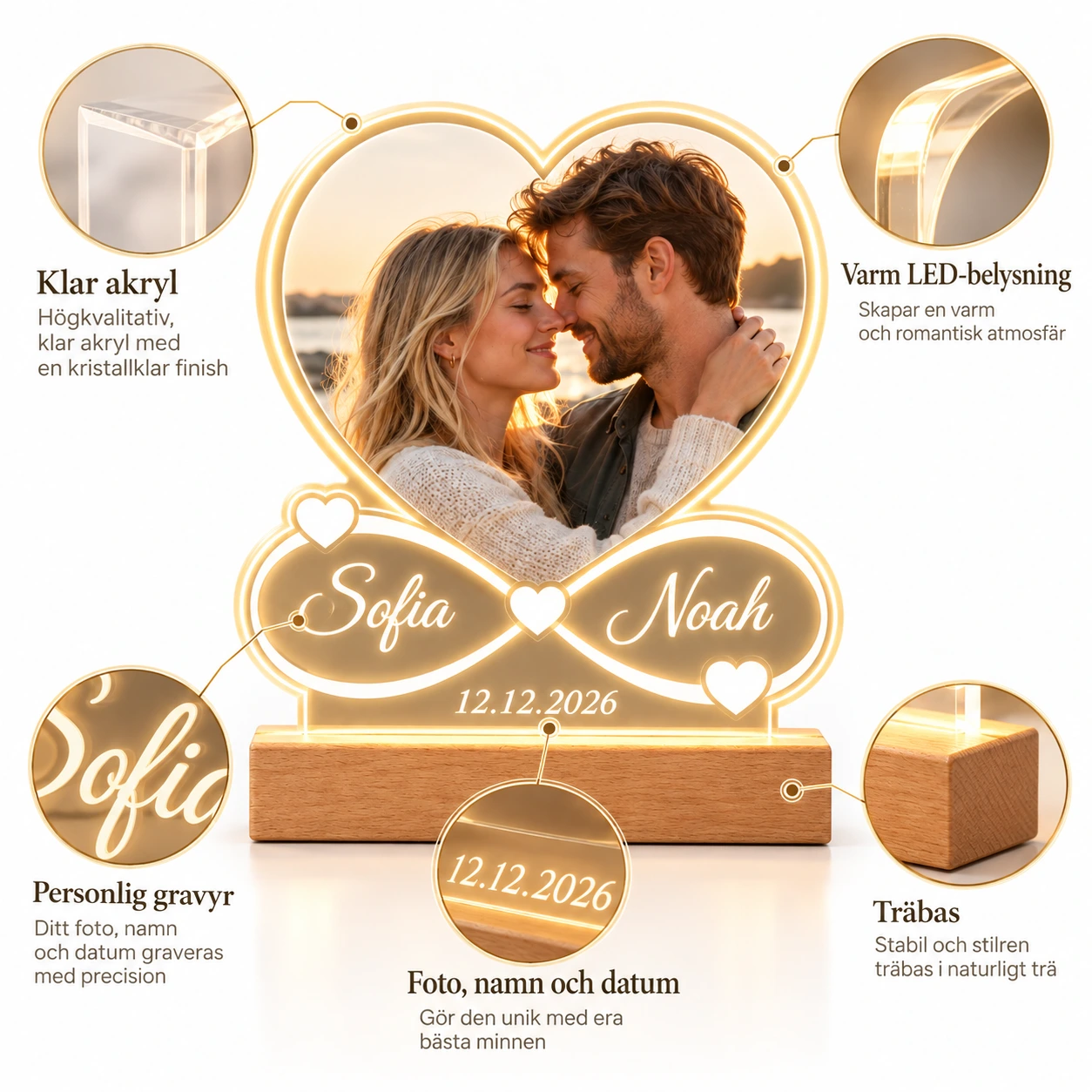 Personlig akrylramme med bilde og belysning