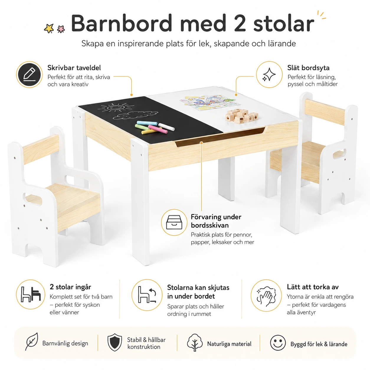Barnbord med 2 stolar och skrivtavla